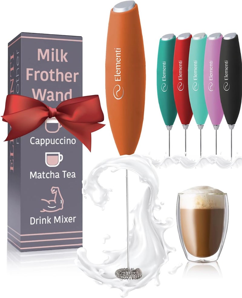 Elementi Drink Mixer Handheld - Electric Stirrer and Powerful Protein Powder Mixer Wand, Easy-to-Use Mini Frother Wand for Quick Delicious Cocktails, Milk Frother and Coffee Stirrers (Orange) - Image 1